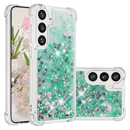 Coque Galaxy S25 paillettes sable mouvant avec silicone TPU flexible vert