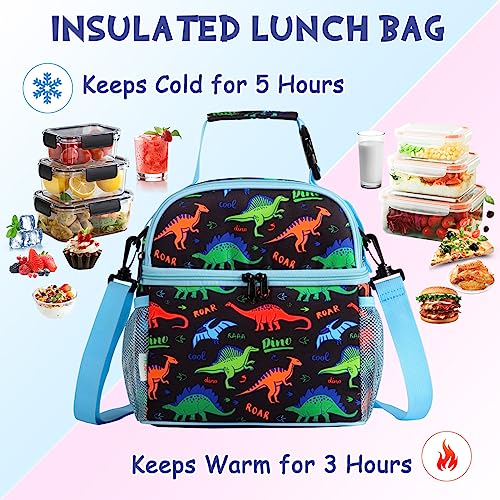 VASCHY Lunch Bag for Kids Insulated Lunch Box Double Compartments Cooler Lunch Tote for Toddlers Boys Girls School/Daycare/Picnic Black Dinos - Image 4