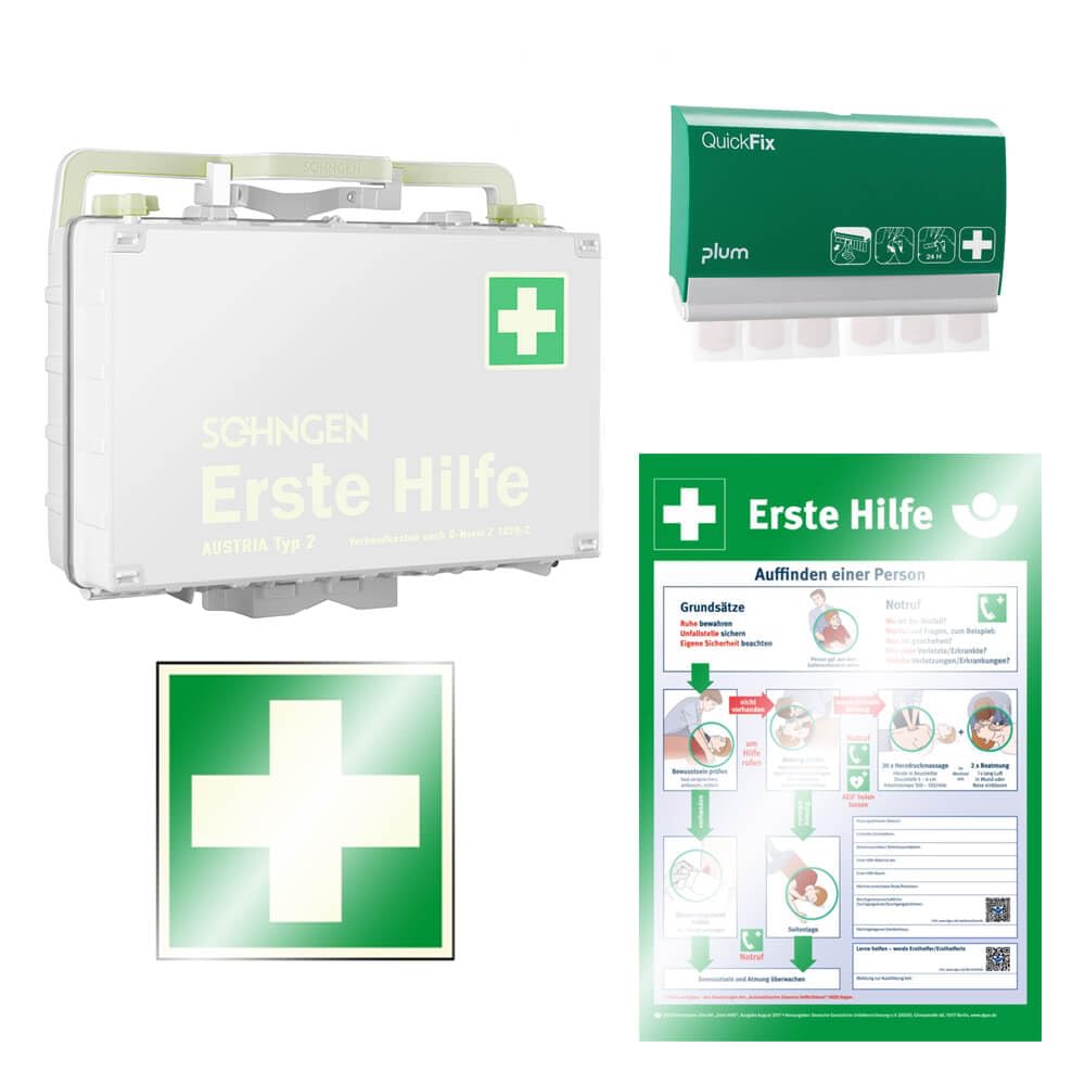 Erste-Hilfe-Koffer DYNAMIC-GLOW L, weiß, Ö-Norm Typ 2, mit Wandhalterung, Pflasterspender und Zubehör, Art.-Nr. 610509 | Verbandskasten | Notfallkoffer | Erste Hilfe Kasten
