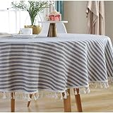 meioro Round Tablecloth Stripe Tassel Table Cloth Cotton Linen Dust-Proof Table Cover for Dining Cir