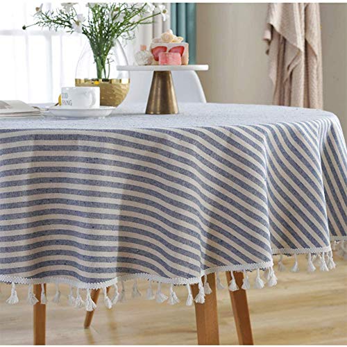 meioro Round Tablecloth Stripe Tassel Table Cloth Cotton Blend Dust-Proof Table Cover for Dining Circle Coffee Side End Card Tables, Parties Holiday Indoor Outdoor Use (Blue/White Stripes, 60 Inch) by meioro - Used condition - US$12.58