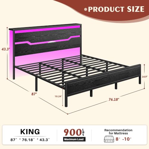 Image of Homkdom King Size Bed Frame with USB Ports & LED Lights, Headboard Shelf, Heavy Duty Metal Platform with 10.24 inch Underbed Storage, Noise-Free Slats, No Box Spring Needed, Modern Black