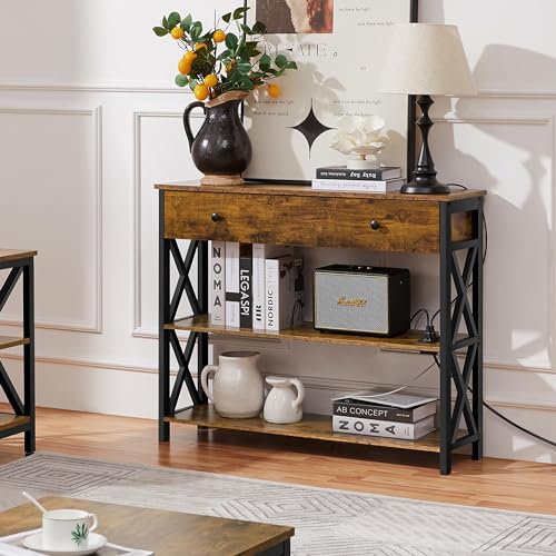 Yaheetech Console Table with 2 Power Outlets and 2 USB Ports, Wood Entryway Table with Drawer and Storage Shelves, Narrow Sofa Couch Table for Living Room, Hallway, Metal Frame, Rustic Brown by Yaheetech - Image 5