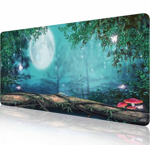 Large Extended Gaming Mouse Pad with Stitched Edges, Non-Slip Rubber Base Mouse Pad for Office, Computer, Keyboard, Laptop and Home Desk Pad 31.5X11.8 Inch Magic Mushrooms Moon Butterflies