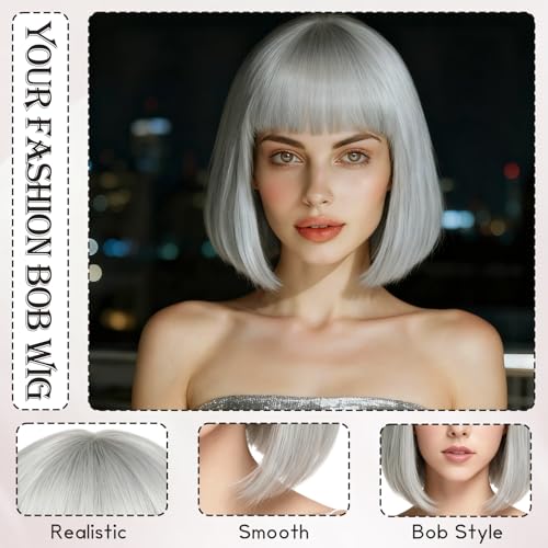 Image of PLULON Light Gray Short Bob Wig with Bangs for Women, Colorful Neon Short Bob Synthetic Hair Wigs with Hair Cap Heart Sunglasses for Adults Daily Bachelorette Halloween Costume Party Supplies