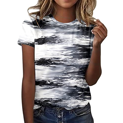 Briskorry Camiseta para mujer de verano colorido, informal, con estampado floral, cuello redondo, manga corta, corte regular, camiseta deportiva para mujer, ropa de calle básica