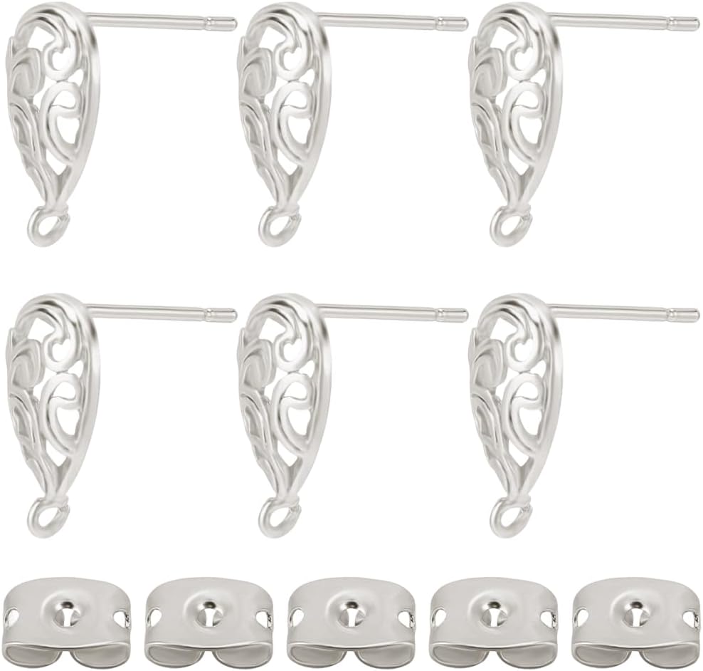 Beebeecraft 1Box 20Pcs Teardrop Earring Findings Platinum Plated Brass Silvery Filigree Stud Earring Posts with Loop Ear Backs for Jewelry Making Kit Supplies