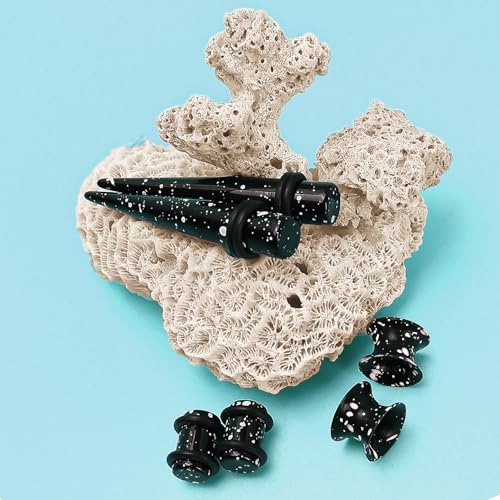 50pcs Ear Stretching Kit Gauges for Beginners: Gauging Lobe Starter Tapers, Heart Tunnel Earrings, Lightweight Acrylic Plugs, 14G-12mm Piercing Expanders for Women and Men (Black & White Splatter)3