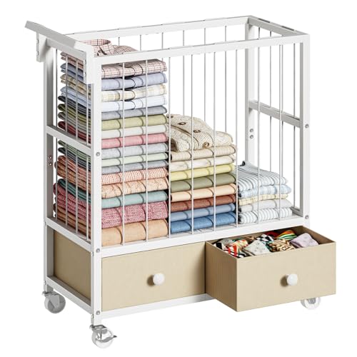 Asgolion Wäschekorb mit Rollen 170L, XL Wäschekorb mit Schubladen, Extra großer Wäschekorb aus Metall, geeignet für Waschküchen, Schlafzimmer und Badezimmer, Weiß