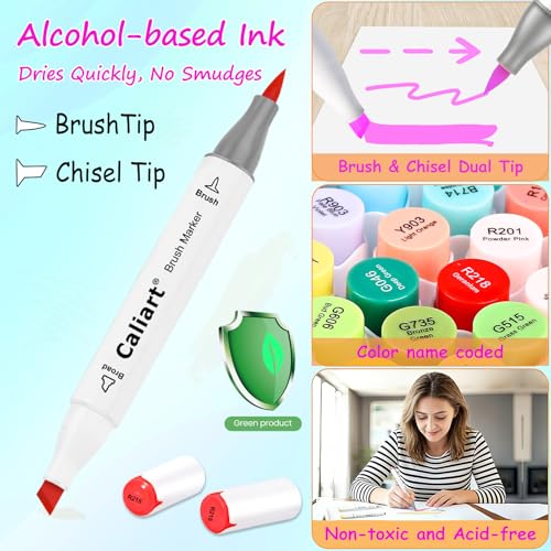 Image of Caliart 101 Colors Alcohol Markers Brush Tip, Dual Tip Brush & Chisel Permanent Art Markers for Adult Coloring Books, Drawing, Sketching, Illustration, with Carrying Case for Artists & Beginners