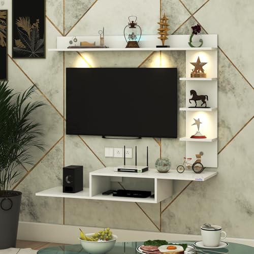 Image of Wintor Engineered Wood Wall Mounted TV Unit with 4 LED Lights, 3 Open Shelves, 1 Storage Box & Decorative Display Shelf for Living Room | Ideal for Upto 43 Inch TV- White(DIY Assembly)