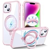 DASFOND Custodia trasparente con supporto magnetico rotante a 360° per iPhone 14/13, [compatibile con MagSafe] Non ingiallisce mai ingiallimento trasparente posteriore in PC rigido antiscivolo
