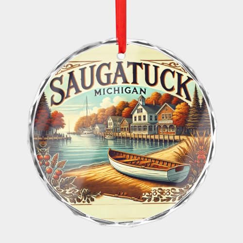 Saugatuck Michigan Design of Art Galleries and Lake MichiganTravel Keepsake Souvenir Gift Crystal Glass Xmas Ornament Elegant Christmas Tree Decoration for Travelers, Friends, Family