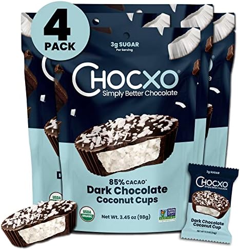 Chocxo Dark Chocolate Coconut Cups - Truly Indulgent, Low in Real Sugar, Organic, Non-GMO, Keto Certified, Certified Gluten Free and Kosher, No Artificial Sweeteners or Sugar Alcohols, Decadent 85% Cacao Dark Chocolate with Rich & Creamy Coconut Center, 3.45oz/98 g (Pack of 4)