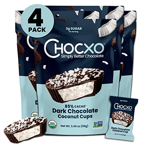 Chocxo Dark Chocolate Coconut Cups - Truly Indulgent, Low In Real Sugar, Organic, Non-Gmo, Keto Certified, Certified Gluten Free And Kosher, No Artificial Sweeteners Or Sugar Alcohols, Decadent 85% Cacao Dark Chocolate With Rich & Creamy Coconut Center, 3.45Oz/98 G (Pack Of 4) #TOP15