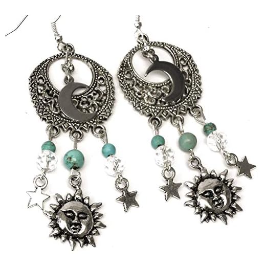 Goddess Arts Collection Sterling Silver Earwire and Turquoise Magnesite Sun Moon Stars Chandelier Dangle Earrings Celestial Boho Bohemian Jewelry for Women