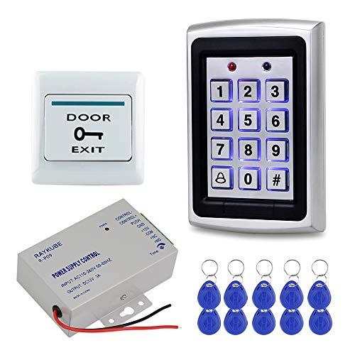 HFeng Kit Sistema Control Acceso Metal Teclado RFID 125KHz Card Reader WG26 + Controlador Fuente Alimentación DC12V 3A + Botón Salida Puerta + 10pcs Keys Card (Without Lock)