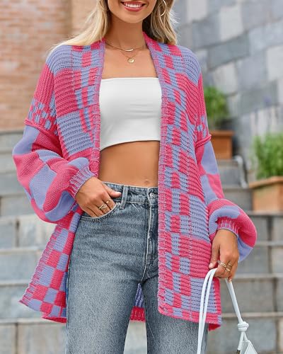 Image of BTFBM Casual Cardigan Sweater for Women Fall 2026 Long Sleeve Open Front Chunky Knit Sweaters Checkered Outwear Coat