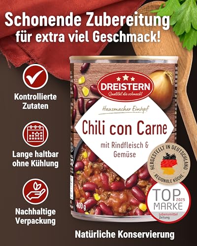 DREISTERN Chili con Carne 400g I Mit Rindfleisch & Gemüse I High-Protein-Eintopf mit hochwertigen Nährwerten I Lange Haltbarkeit & ohne zugesetzte Konservierungsstoffe I Hausmacher Qualität