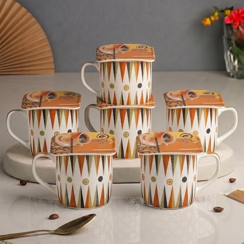 Image of U.P.C. Premium Bone China Ceramic Coffee Mug Set of 6 with 6 Coasters | Designer Tea & Coffee Cups |Printed Ceramic Mug Set | Tea Cups for Home,Office.