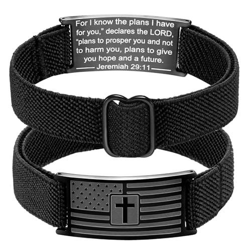 American Flag Cross Bracelet for Boys Men Freedom Adjustable Christian Bracelets Engraved Bible Verses Inspirational Messages Religious Prayer Jewelry Gift Military Patriotic Wristbands Jeremiah 29:11