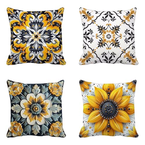 クッションカバー 黄色 クッションカバー 70x70 4枚組, 柔 Cushion Cover 花 Cushion Cover おしゃれ 洗濯機丸洗い 隠れるファスナー ソファ用 家庭装飾 洋室 車用 装飾枕 雰囲気 部屋飾りギフト -yxy250457