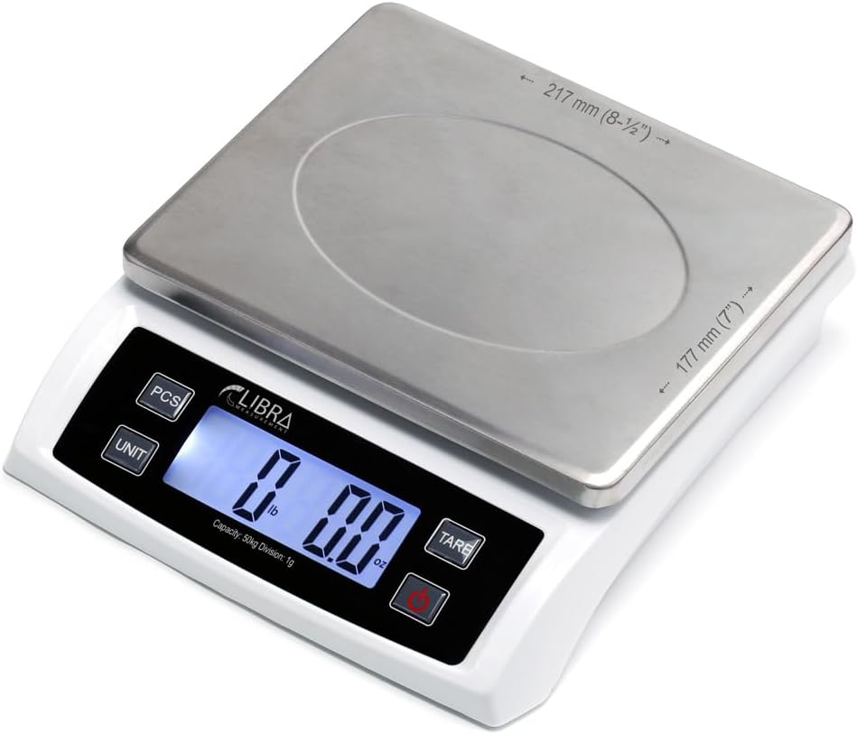 110 lb (50 kg) Digital Postal Scale, Piece Counting, Wide Stainless Steel Pan, AC Adapter, Backlit LCD, Multiple Weight Unit, Capacity: Max 50 kg (110 lb), MIN 5 g (0.2 oz), Division 1 g / 0.1 oz