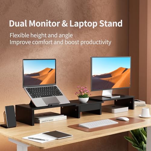 AFOOYO 43.3 Inch Dual Monitor Stand with Laptop Tray & Drawer, Ergonomic Height Angles Laptop Stand, MDF Desk Shelf for MacBook Dell HP Lenovo 10-17.3" Laptops, Black - image 2
