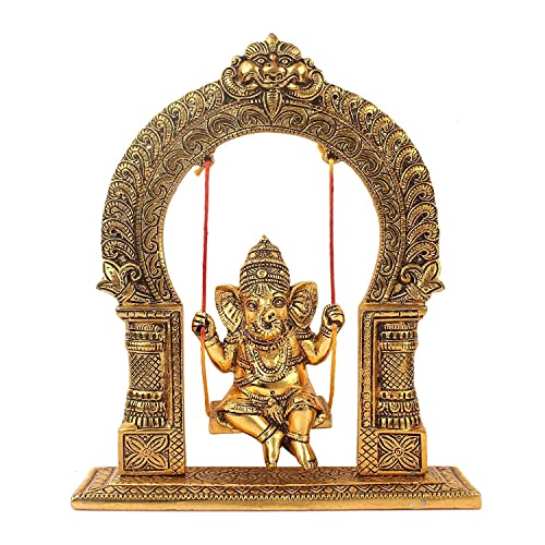 Image of KridayKraft Ganesh ji dori jhula Idol, Ganpati Idol on Swing jhula for Temple Pooja, Ganesh Metal Statue Home, Office & Table Decorative, Religious Showpiece Figurines