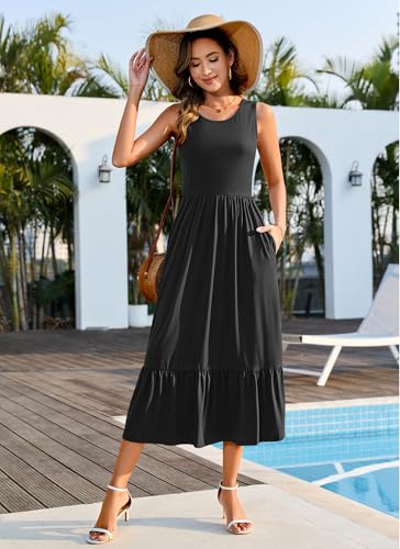 PLMOKEN Sommerkleider Damen Strandkleid Maxikleid - Lang Freizeitkleid Ärmellos leicht und luftig Leicht und Luftig Rundhals Geblümtes Tank Top Kleid 4