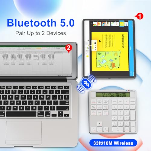 2-in-1 Ziffernblock Bluetooth- 34 Tasten Nummernblöcke mit Taschenrechner für PC/Laptop/Handy/iPhone/iPad, USB C Nummernblock für Windows/Mac/iOS/Android Numpad Wireless für Büro/Rechnungswesen