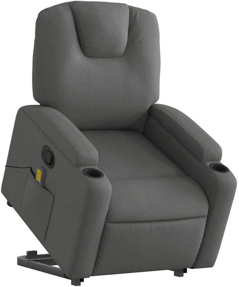 vidaXL Stand Up Power Lift Armchair with Manual Recline & Vibrating Massage - Dark Gray Fabric, Cup Holders, Side Pocket, Strong Frame - Living Room Comfort Seating