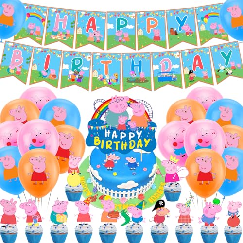 Cartoon Peppa Birthday Party Decorations Supplies Happy Birthday Banner Latex Balloons Cake Topper Cupcake Toppers