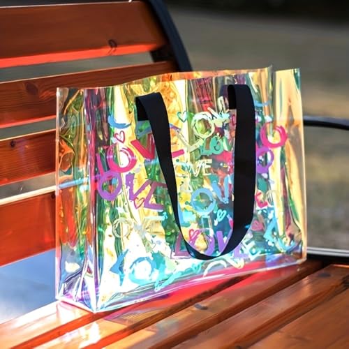 Transparent Rainbow-colored Tote Bag, Printed with LOVE Letters, PVC Material, Fashionable and Simple, 15.75inx3.74inx11.81in4