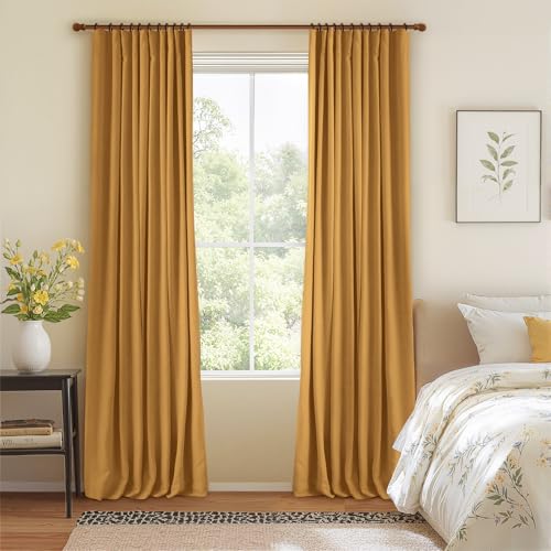 Image of INOVADAY 100% Blackout Curtains for Bedroom, Mustard Yellow Black Out Curtains 84 Inch Long, Clip Rings Linen Blackout Drapes, Thermal Insulated Room Darkening for Living Room, 2 Panels - W50xL84