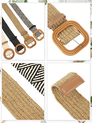 4 Pièces Ceinture de Taille Élastique Extensible en Paille Tissée Ceinture de Robe Skinny pour Femme Bande de Robe de Taille de Boucle de Style en Bois