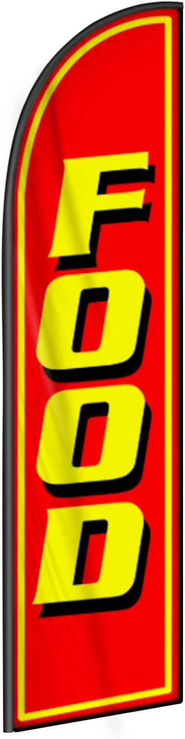 Food Feather Flag Banner - 11.5x2.5 Ft Advertising Swooper Flag for Outdoor Business and Events Promotion - Food Signs Windless Full Sleeve Banner for Restaurants, Diners, Markets (Only Flag)