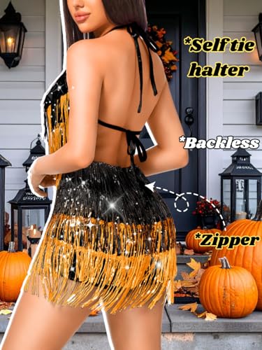 Image of Kaei&Shi Sequin Fringe Romper,Sparkly Glitter Metallic Jumpsuits For Women,Backless Shorts Dress Disco Birthday Dance Outfit