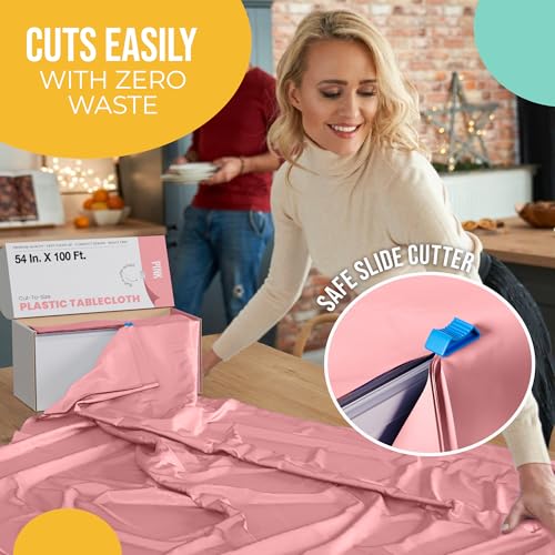 Image of Party Solids 54 Inch X 100 Feet Pink Plastic Table Cover Roll in A Cut - to - Size Box with Convenient Slide Cutter. Cuts Up to 12 Rectangle 8 Feet Plastic Disposable Tablecloths