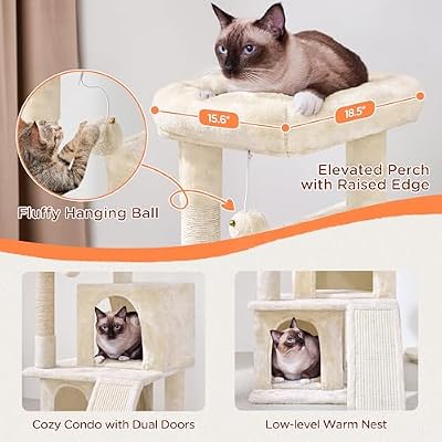 Yaheetech Cat Tree for Indoor Pets, 36in Tower Condo w/Extra Large Perch, Scratching Posts, Board, Dangling Ball, Play Structure for Kittens & Adult Cats, Beige