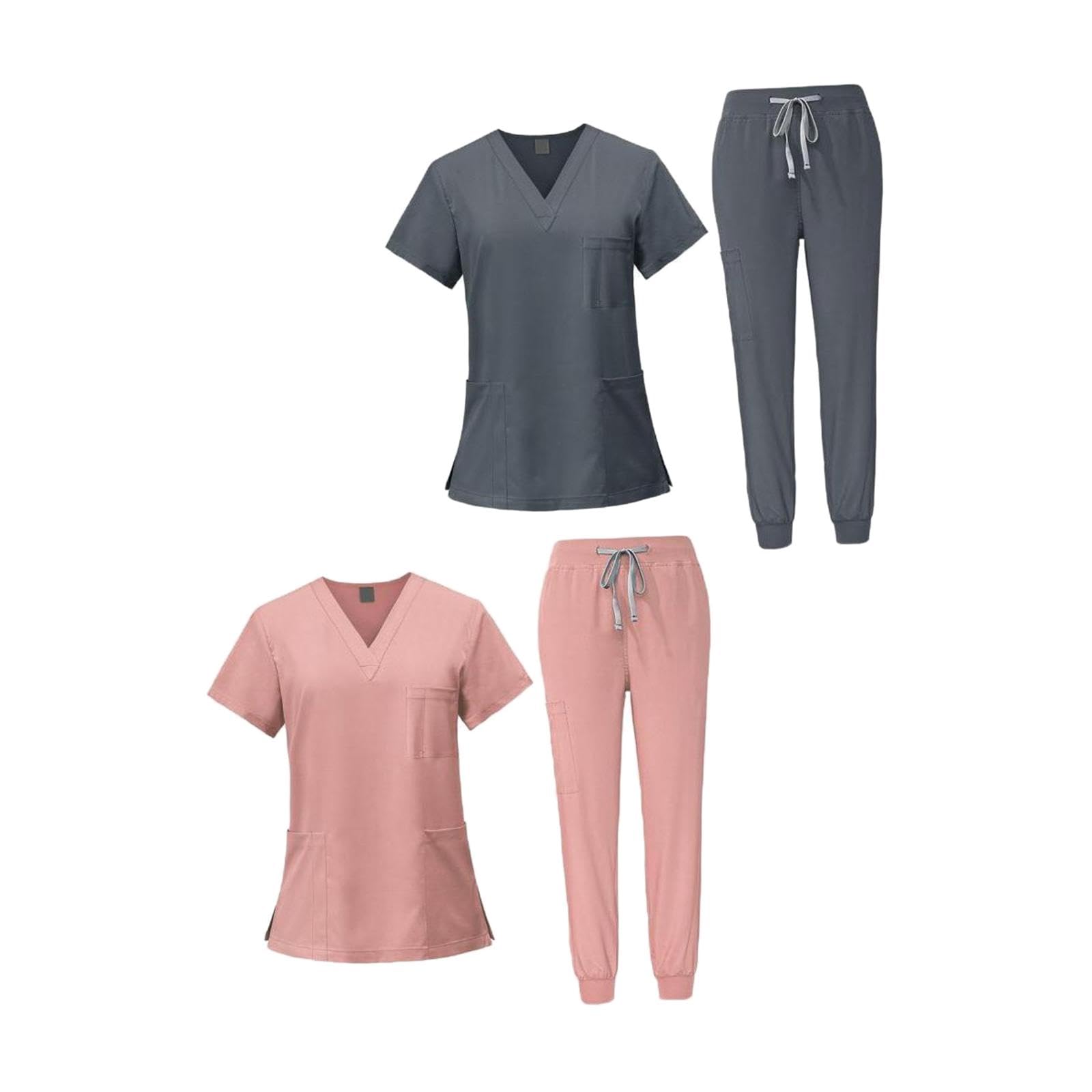 Baoblaze Conjunto de Uniforme Médico para Mujer, Pantalón Y Blusa con Detalles Modernos, rosa y gris