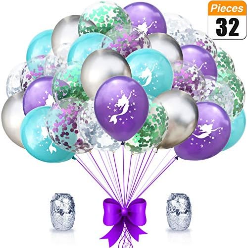 Mermaid Party Balloons Supplies Birthday Decorations Pack of 32 - Mermaid Printed Balloons with Glitter Confetti Clear Sparkle Decorations Sea Party Balloon Kit for Children Birthday