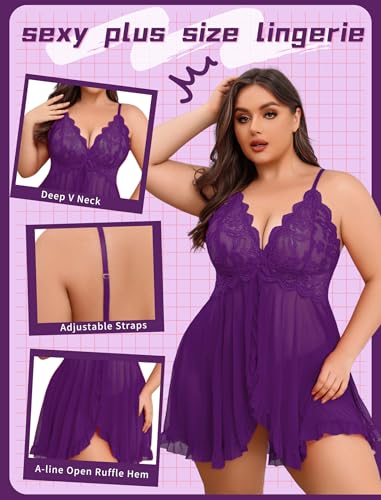 Image of Avidlove Plus Size Lingerie for Women Sexy Lingerie Dress Lace Babydoll Lingerie V-Neck Open Front Strap Nightdress