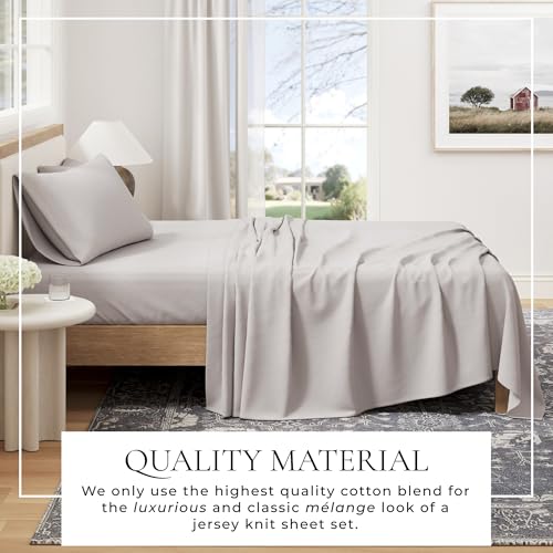 Image of Great Bay Home Cotton Jersey Knit Full Sheet Set - Ultra-Soft, Stretchy, Heathered Melange Bed Sheets - Cozy, Soft T-Shirt Sheet & Pillowcase Set (Light Grey)