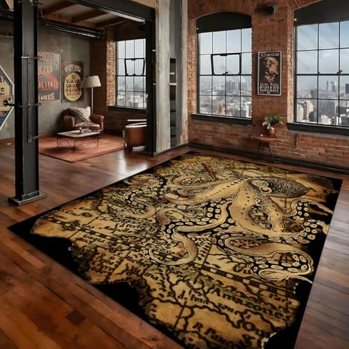 Vintage Octopus Rug for Living Room,4x5ft,Brown Retro Nautical Rug,Nautical Decor