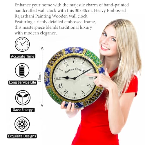 Image of RANDOM Brass Sweep Silent Wall Clock, Embossed Design, Round, 30x30 cm, Multicolour for Home Office (Rajasthani Embossed Design)
