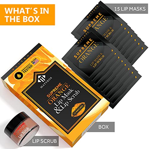 Vegan Lip Mask And Lip Scrub Kit - Orange - 15 Pairs - Exfoliate And Moisturize For Dry Lips, Moisturizing, Anti-Aging, Plumping - Enhance & Nourishing Firm Lips Appearance With Gel Lip Pads #TOP4