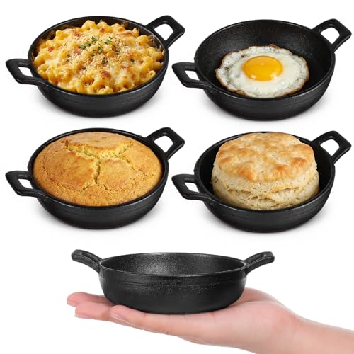 Exclaith 4 Pack Mini Cast Iron Skillet 5 x 5 x 1.3 Inch Cast Iron Pan Small Ramekin Set Small Cast-Iron Pan with Handles Mini Casserole Dish Skillets for Serving Food Frying Baking Cooking Roasting