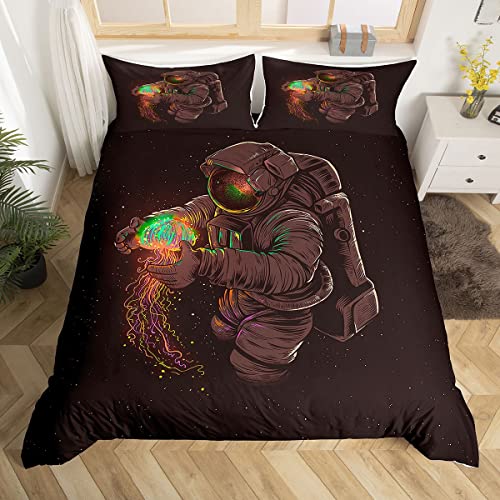 Space Galaxy Bedding Set Queen,Trippy Astronaut Comforter Cover For Boys Girls,Kids Fantasy Colorful Jellyfish Duvet Cover Set Spaceman Bedspread Cover Fashion Teens Bedroom Decor 3 Pcs Bed Collection #TOP29