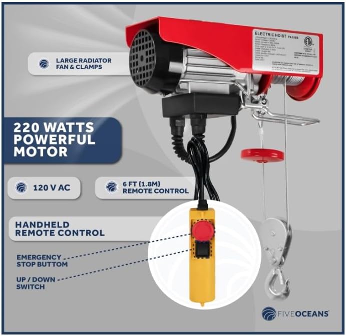 Five Oceans Electric Hoist, Hoist Pulley System, Pulley Hoist, 2200 Lb Lift Electric Winch with 20FT Remote Control 120 Volts, for Garage, Factory Lifting with Emergency Stop Button - FO4339